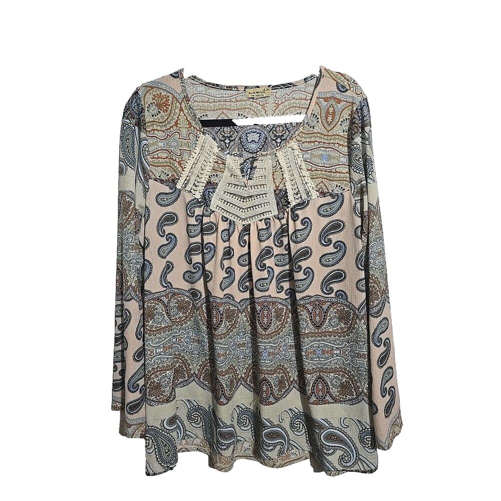 One World Blue Paisley Relaxed Long Sleeve Boho Peasant Top Womans Plus Size 2X